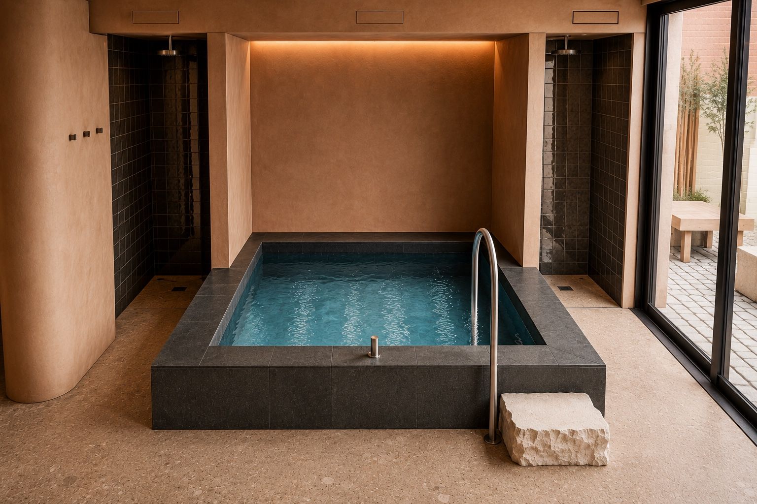 Yū Ritual cold plunge — precision cold pool in black stone tile, flanked by showers and a private garden