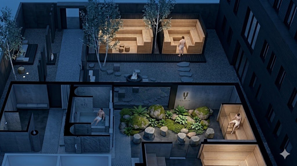 Yū Ritual facility — top-down view of saunas, courtyard, and plunge rooms