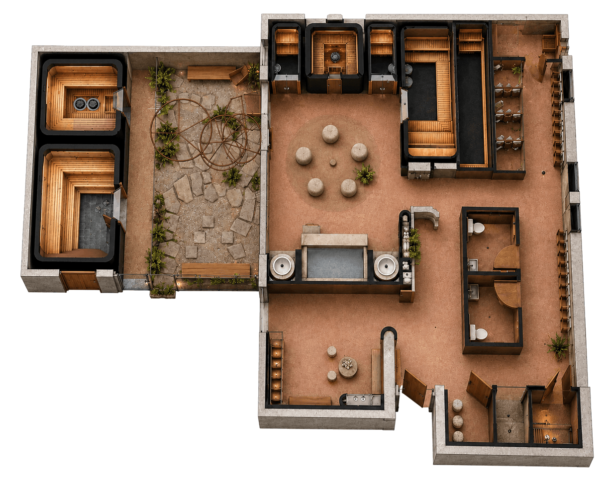 Yū Ritual facility — top-down floor plan of saunas, courtyard, and plunge rooms